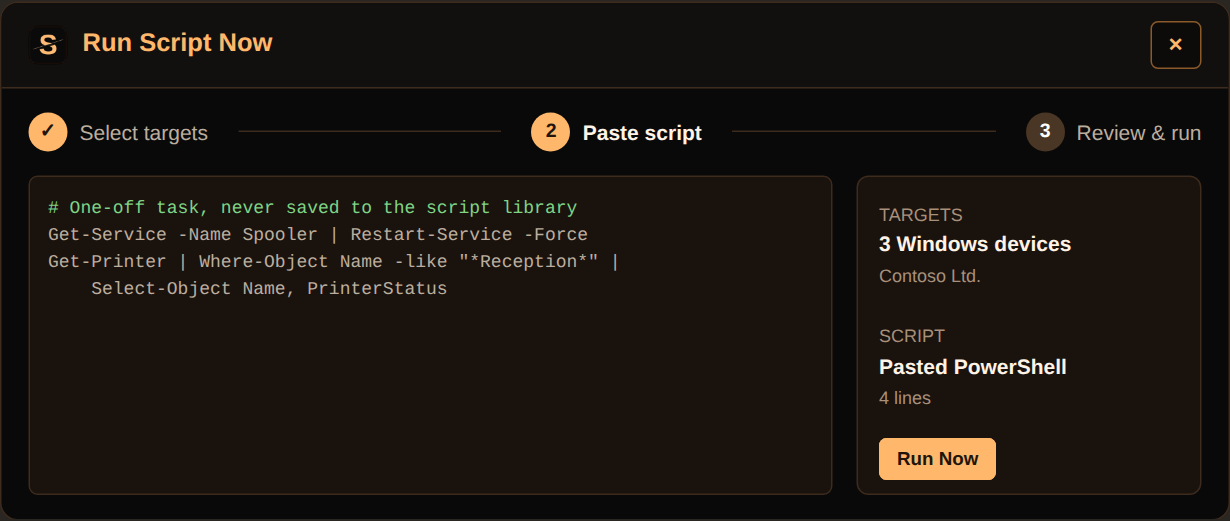 Run a script once, without saving it