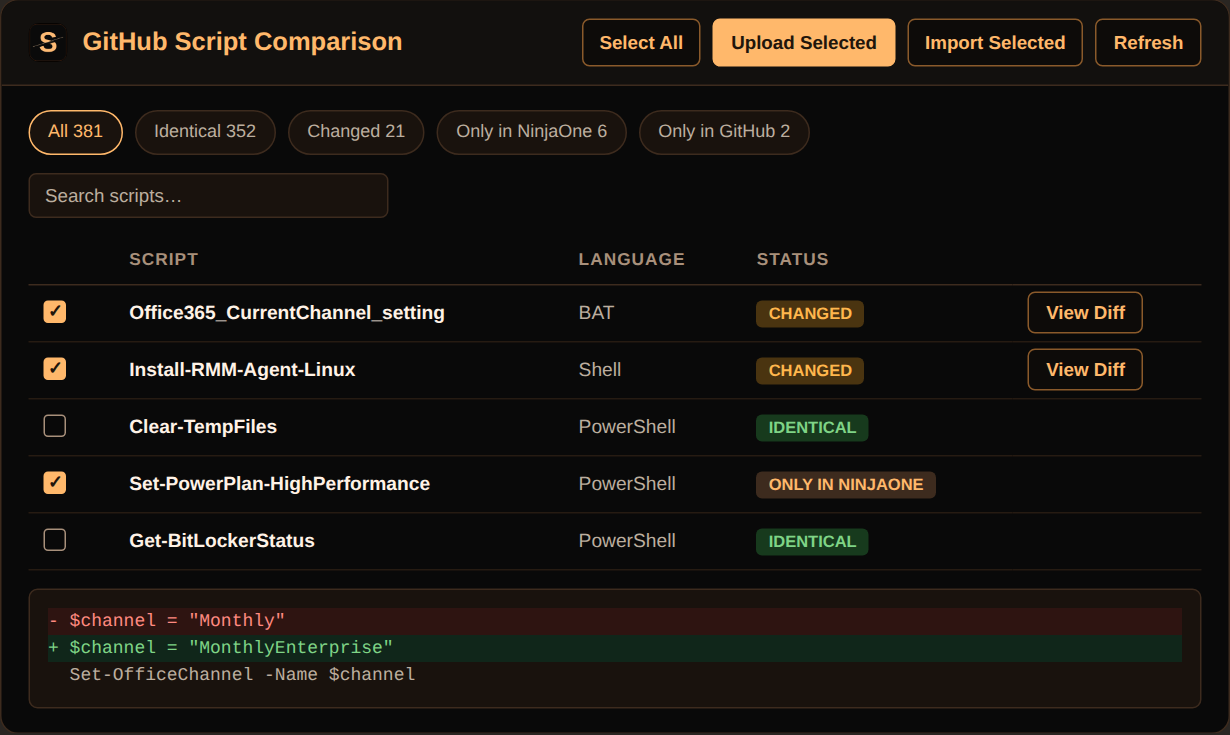 Compare scripts with your repository